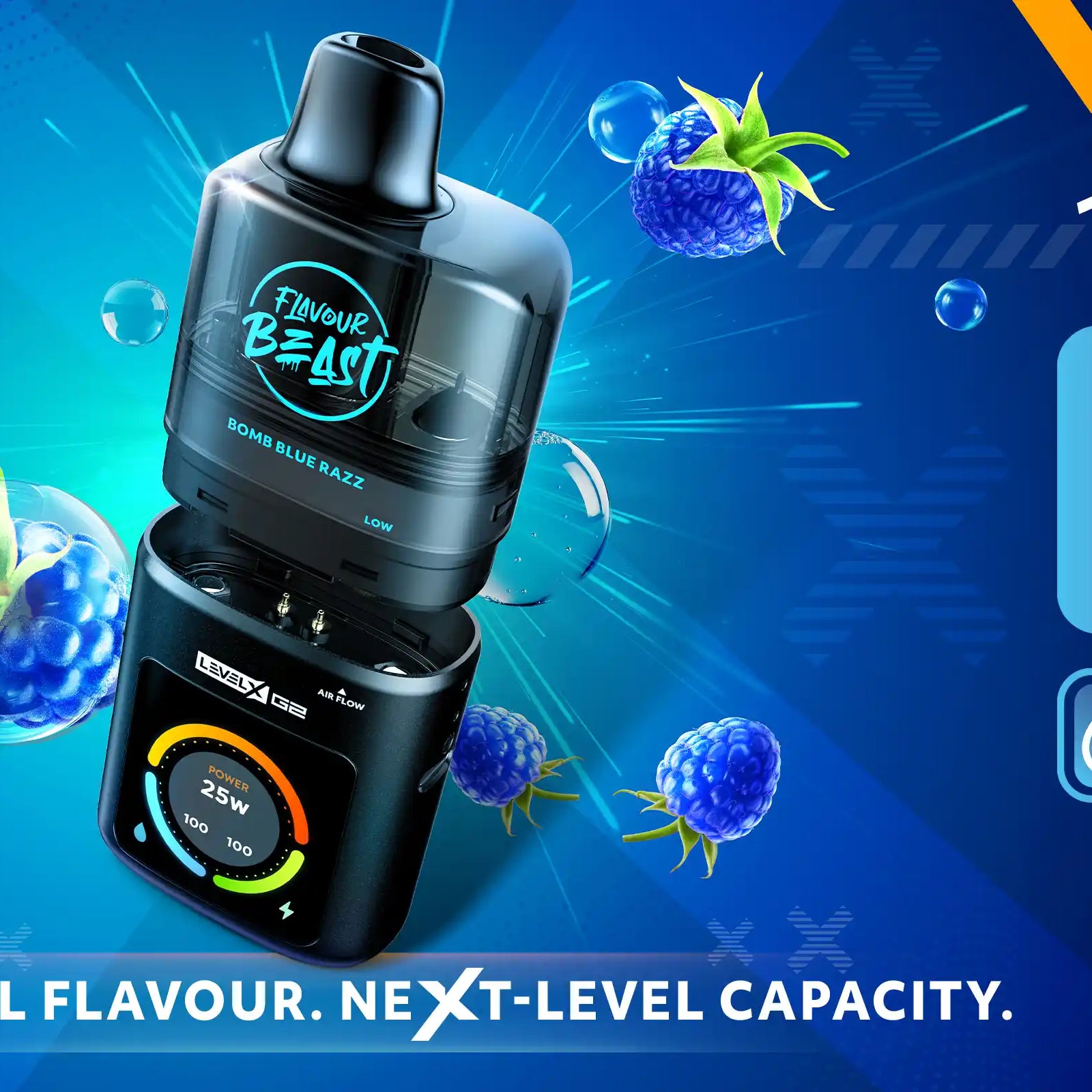 Advertisement for Level X vape device with text about flavors and features on a blue background.